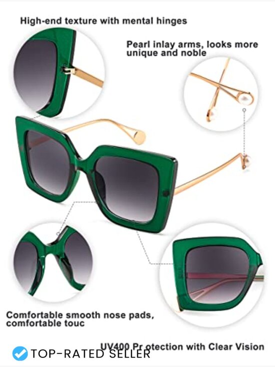 Oversized Square Sunglasses Cat Eye Pearl Inlay Retro 90s UV400 Protection main image 3